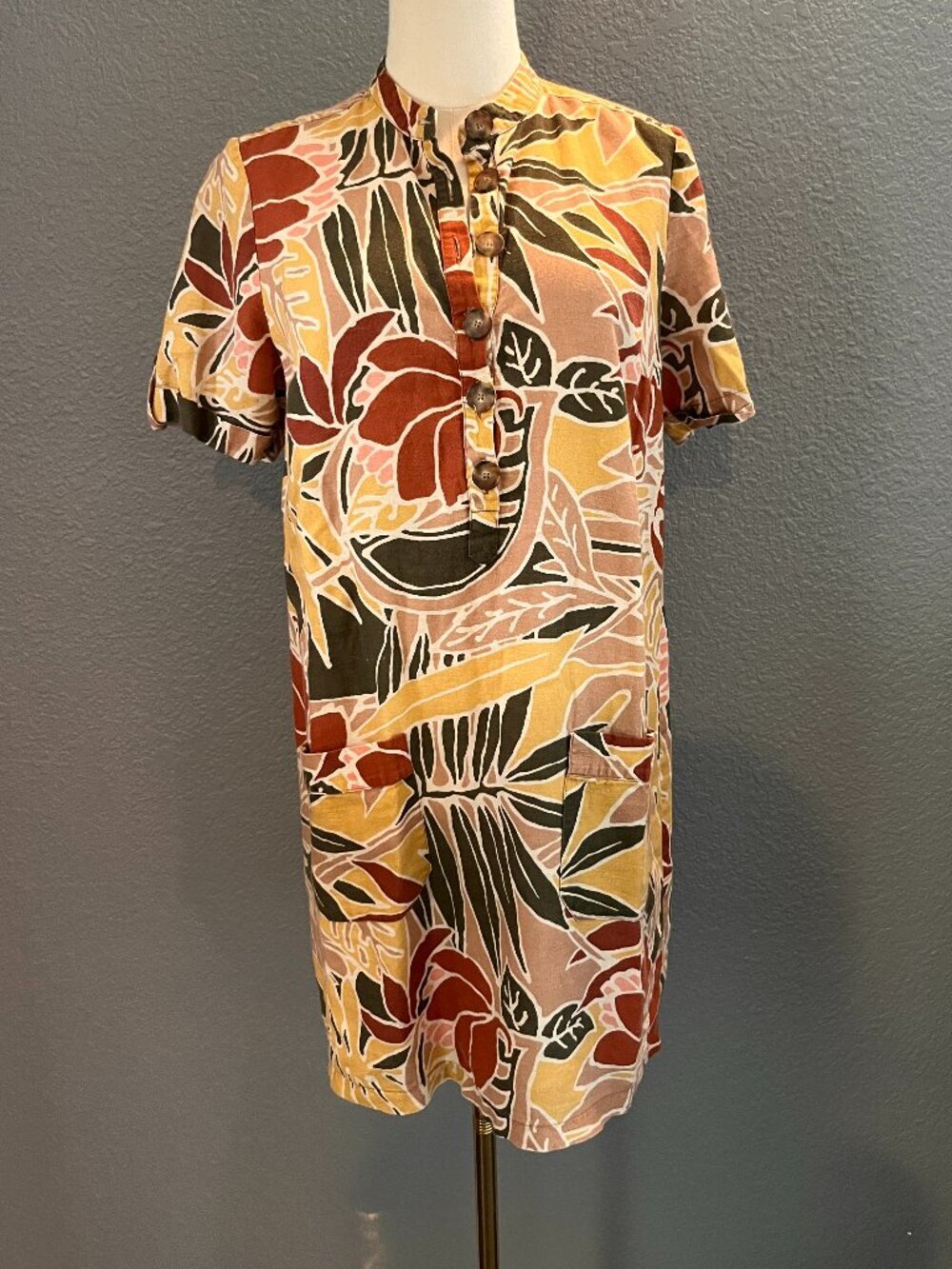 Sézane Alma Tropical Floral Shift Dress Button Up Short Sleeve Linen/Cotton EU36